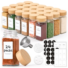 ComSaf 4 oz 24Pcs Glass Spice Jars with Labels, Empty Spice Containers with Bamboo Lids, Square Seasoning Containers with Metal Funnel, Small Seasoning Bottles for Salt, Herbs, Sugar, Pepper