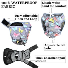 Leak Proof Waterproof Cat Dog Diapers Female Washable Reusable Absorbent Pad Padding Lined for Small Medium Large Pets (L: Waist 18" - 22", Pack of 2pcs Pink and Gray)