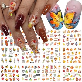 12pcs Autumn Nail Art Stickers - Maple Leaf Nail Accessories Fall Season Leaves Cartoon Cute Owls Hedgehog Animal Geometric Nail Water Decals Transfer Foils Manicure Thanksgiving Decoration Supplies