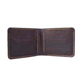 My Daniq Bi-fold Pull-up Leather Wallet, Genuine Leather, Hand Stitched, Two Cash Compartments, 6 Card Slots. Brown (Dark Brown)