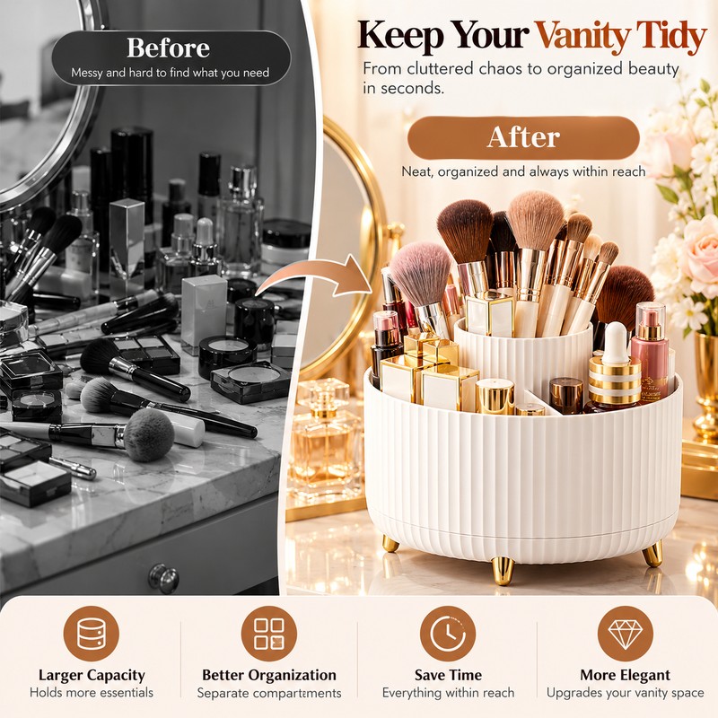 360° Rotating Makeup Organizer for Vanity, 5-Compartment Cosmetic Storage Holder
