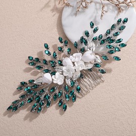 Teyglen Rhinestone Bride Flower Wedding Hair Comb with Crystal Bridal Headpiece Silver Leaf Rhinestone Hair Piece with White Flower Side Comb Floral Hair Accessories for Women (Silver-peacock green)