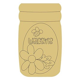 Mason Jar Design by Lines Cutout Unfinished Wood Bee Welcome Door Hanger Everyday Decor MDF Shape Canvas Style 1 Art 73 (12")