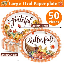 50 PCS Fall Paper Plates Thanksgiving Oval Paper Plates Pumpkin Orange Plaid Disposable Supplies Harvest Rustic Farmhouse Tableware Autumn Oval Dinnerware Set for Dinner Kitchen Party Decorations