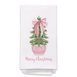 Chinoiserie Christmas Kitchen Towels, Coquette Pink Bow Procelain Christmas Tree Hand Towels for Bathroom, Preppy Christmas Decor Dish Towels Tea Towels, Grandmillennial Home Decor, 16x24 Inches