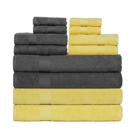 Ample Decor Set of 12 600 GSM 100% Cotton - 4 Bath Towels, 4 Hand Towels, 4 Wash Cloths, Absorbent Soft Premium Quality Machine Washable, Oeko Tex Certified Ideal for Gifting - Grey - Yellow
