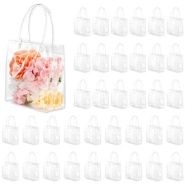 36 Pcs Small Clear Gift Bags With Handle 5.9" x 6.3" x 2.8" Reusable Party Favor Totes Mini Transparent Plastic Goodie Bags for Birthday, Baby Shower, Wedding, Holidays (6 Mils)
