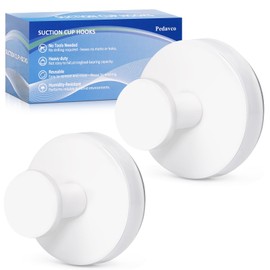 Suction Cup Hooks for Shower No Drill - Heavy Duty Stainless Steel Bathroom Hooks, Wall Mounted for Towels, Robes, Loofah - Works on Tile, Glass, Mirror, Kitchen (White, 2 Pack)