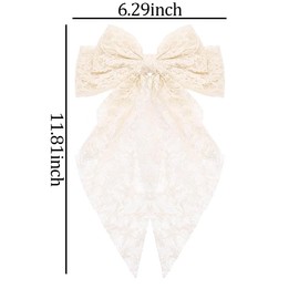 White Hair Bow Barrettes for Women Brides Wedding Hair Bow Accessories Large Off-White French Barrettes Bowknot Hair Clips Hairpins with Long Ribbon Headdress Headpiece