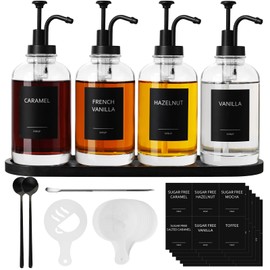 ALPIRIRAL Coffee Bar Accessories, Glass Syrup Dispenser With Pump, 16.9 fl oz/500ml Syrup Bottles for Coffee Bar Organizer, Labels, Spoons, Coffee Art Pen, Coffee Stencils, 4 Pack