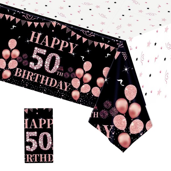 137*274cm Black Rose Gold 50th Birthday Table Cloth for Women,Happy 50th Birthday Table Decorations Plastic Tablecloths Disposable Tablecover for Woman,Ladies,Her 50th Birthday Gifts Party Decoration