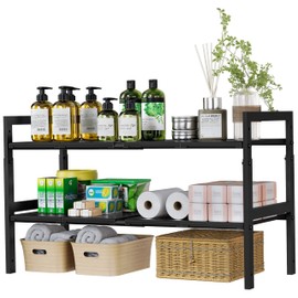 2-Tier Expandable Under Sink Organizers, Adjustable Height & Length Under Kitchen Sink Organizer with 8 Removable ABS Panels & Metal Frame, Cabinet Shelf for Bathroom, Pantry, Shoe Storage Rack