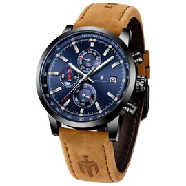 AKNIGHT Men's Wristwatch, Stylish, Popular, Quartz, Natural Leather Strap, Chronograph, Crystal, Easy to Read Luminous Analog Wristwatch, Waterproof, Date for Men, Black/Blue