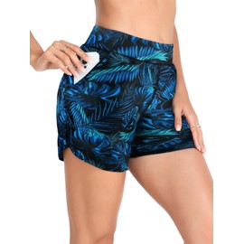 RELLECIGA Women's Blue Leaf High Waisted Swim Shorts with Pockets UV Sun Protection Board Shorts for Women Size Large