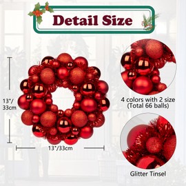 Christmas Ball Wreath 13" Xmas Wreaths Ornaments Glitter Thicken Shatterproof Garland Decoration for Door Wall Mantel Holiday Party Decor, Red