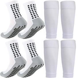 KMOLY 1 Set Kids Grip Soccer Socks and Shin Guard Sleeves for Age 7-14 Youth Boys Children Football Basketball Training (2 Set White)