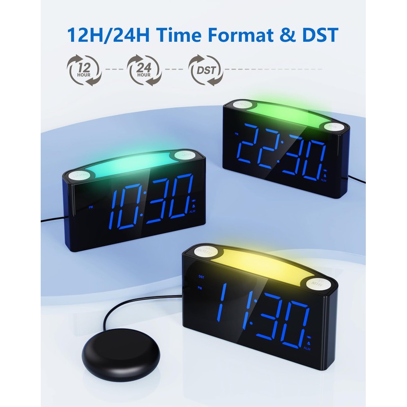 Mesqool Vibration Alarm Clock, Digital Deaf Alarm Clock with 7-Colour