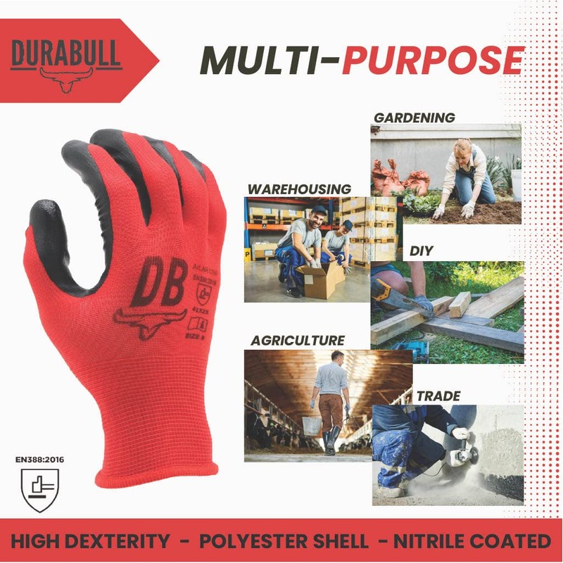 Durabull Work Gloves - 12 Pairs. Protective Safety Gloves For