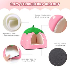 HeNdShe Rabbit Hideout, Washable Bunny Bed with Removable Pee Pad, Plush Indoor Rabbit House, Adorable Strawberry Design Small Animal Hideaway for Guinea Pig, Pink