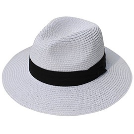 DRESHOW Women Wide Brim Straw Panama Roll up Hat Fedora Beach Sun Hat UPF50+