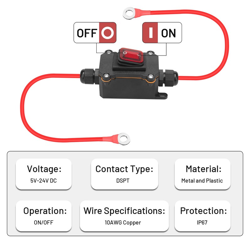 10AWG DC 12V Inline Switch, daitoku DC 5-24V DPST Dual