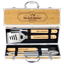 Grilling Accessories, 4-Piece BBQ Tools Set with Aluminum Case - Father’s Day & Birthday Gift for Grandpa, Stainless Steel & Bamboo Handle for Outdoor Grilling