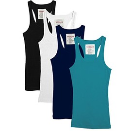 Zenana Outfitters 4 Pack Womens Basic Ribbed Racerback Tank Top BLACK/WHITE/NAVY/TEAL M