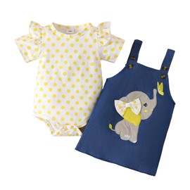 WYTbaby Baby Girl Clothes Newborn Dress Set Short Sleeve Ruffled Romper + Elephant Jeans Dress Summer Outfits 9-12 Months
