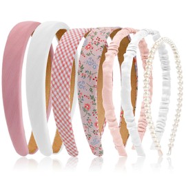 Hazms 7 Pcs Headbands for Women Non Slip Headband Pink Knotted Headband for Women Pearl Headbands Different Fashion Headbands Hair Accessories