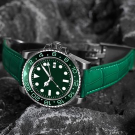 Juntan 20mm Watch Band Leather for Men Women, Premium Calfskin Genuine Leather Watch Strap Replacement Bands Straps Green with Oyster Perpetual Deployment Clasp