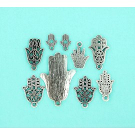 Unbranded Hamsa Hand Charm Collection Antique Silver Tone 9 Charms - COL134