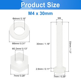 sourcing map 150 Pcs/50 Sets Nylon Hex Bolts, M4 x 30mm Plastic Full Threaded Hex Head Screws Bolts and Nuts with Flat Washers for Machinery Electronics Industrial Accessories, White