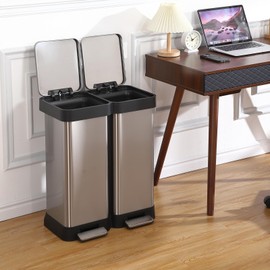 GarveeHome 16 gal Step-Open Dual Trash and Recycling Bin with Soft-Close Lid, Modern, Minimalistic for Home, Kitchen, Laundry Room, Office, Bedroom, Bathroom, Without Inner Bucket, 60 L(2x30 L)