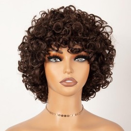 JOEDIR HAIR Short Curly Wig with Bangs Human Hair Wig for Black Women Dark Brown Short Curly Bob Wig Glueless Wig 150% Density (Color: 4)
