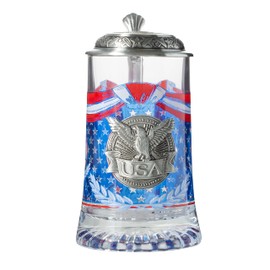 Artisan Owl USA Banner and Bald Eagle Metal Icon Glass Beer Stein with Metal Lid and Thumb Lift