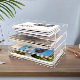 4 Pack- Stackable Paper Letter Tray,Clear Acrylic Magazine Holder and File Organizer - Sleek Desk Organizer for Home Office, Bookshelf, or Workspace - Space-Saving Transparent Document Holder