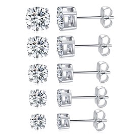 5 Pairs 316L Stud Earrings Set, White Gold Hypoallergenic Cubic Zirconia Titanium 316L Earrings Surgical Stainless Steel Round CZ 4 Prong Stud Earring for Women and Men 3-7mm
