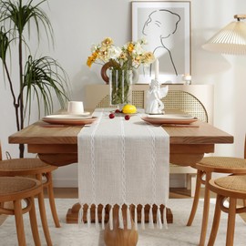 Cenebonxy Rustic Boho Table Runner, Farmhouse Table Runners 60 Inches Long for Kitchen Dining Room, 13x60 Inches, Ivory Lines