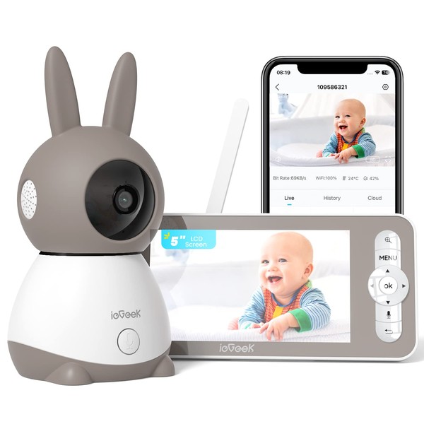 ieGeek 2K Wifi Baby Monitor with Camera and Night Vision, Phone App & 5" Screen Control, Smart Video Baby Monitor Camera, Automatic tracking, PTZ, Crying Detection, Temp and Humidity Sensor, Baby Gift