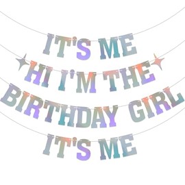 It's Me Hi I'm the Birthday Girl It's Me Banner - Birthday Decorations for Girls, Funny Birthday Party Decorations Holographic Glitter