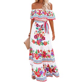 Xplanet Mexican Dress for Women Off Shoulder Floral Print Maxi Dress Summer Party Casual Sundress Dresses