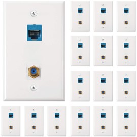 Weewooday 8 Pieces Cat 6 Ethernet Wall Plates, Cat 6 Coax Wall Plate with Ethernet Port and Gold-Plated TV Coax F-Type Port (Blue)