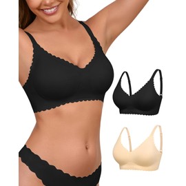 SHARICCA Women's Bra without Underwire Petal Design V Neck Soft Cups Bustier High Elasticity Comfortable Seamless Bra with Additional Bra Extension, Black Beige-2p01, XXL