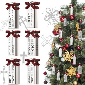 24 Pack Christmas Bible Verses Ornaments Wooden with Buffalo Plaid Bow Christmas Tree Hanging Sign Farmhouse Christmas Religious Christian Gifts Church Supplies Ornaments for Xmas Tree Decoration