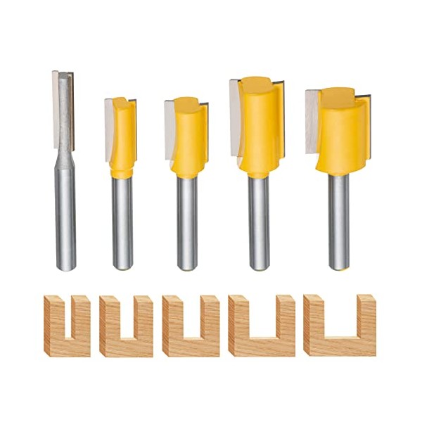 HPMAISON 5 PCS Straight Router Bit Set 1/4" Shank, Double Flute Woodworking Milling Cutter Router Bit Set 1/4" 3/8" 1/2" 5/8" 3/4" for All Kinds of Dado and Straight Cut Routing