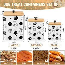 Reallnaive Airtight Dog Food Containers with Bamboo Lids, Metal Dog Treat Jars Canisters for Kibble, Biscuits, Snacks, Cookies, Pet Food Storage Set for Kitchen Counter Valentine Gift(White)
