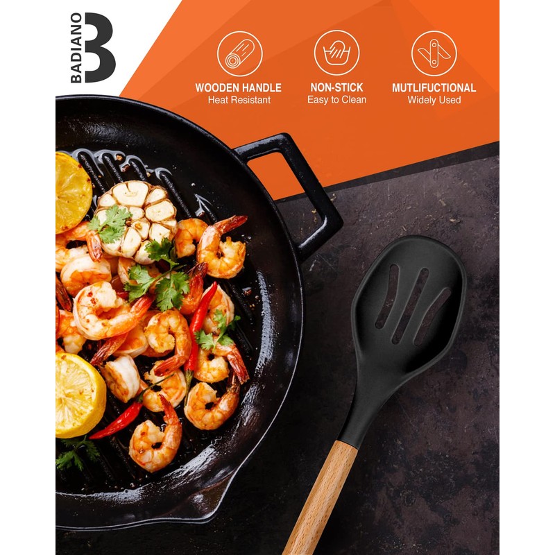 Large Silicone Cooking Spoons, 2 Pack Nonstick Solid and Slotted