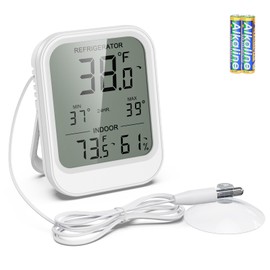 KeeKit Refrigerator Thermometer, Digital Freezer Thermometer with Waterproof Probe & Suction Cup, Temperature Monitor with Alarm, LCD Display, Min/Max Recording, for Fridge, Aquarium, Food Storage