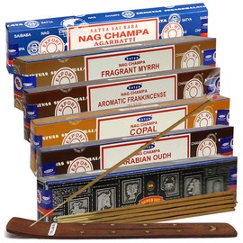 Satya Incense Sticks Variety Pack #4 and Incense Stick Holder Bundle with 6 Based Fragrances