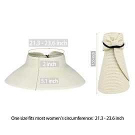 Andiker Straw Hat Sun Visor Hat with Wide Brim for Women Women Foldable Cap Ponytail Beach Hat with Storage Bag for Summer Black White Beige, White, 44